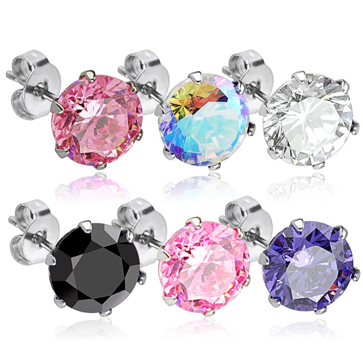 Paire Boucles d'oreille Clous homme femme Acier inoxydable Pierre Ronde