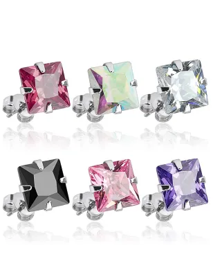 Paire Boucles d'oreille Clous homme femme Pierre Carrée acier inoxydable