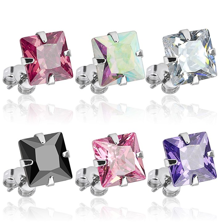 Paire Boucles d'oreille Clous homme femme Pierre Carrée acier inoxydable