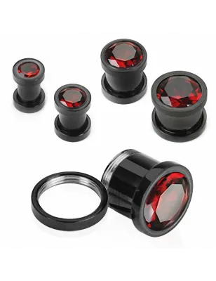 Piercing Tunnel Titanium Noir Strass Rouge