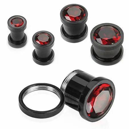 Piercing Tunnel Titanium Noir Strass Rouge