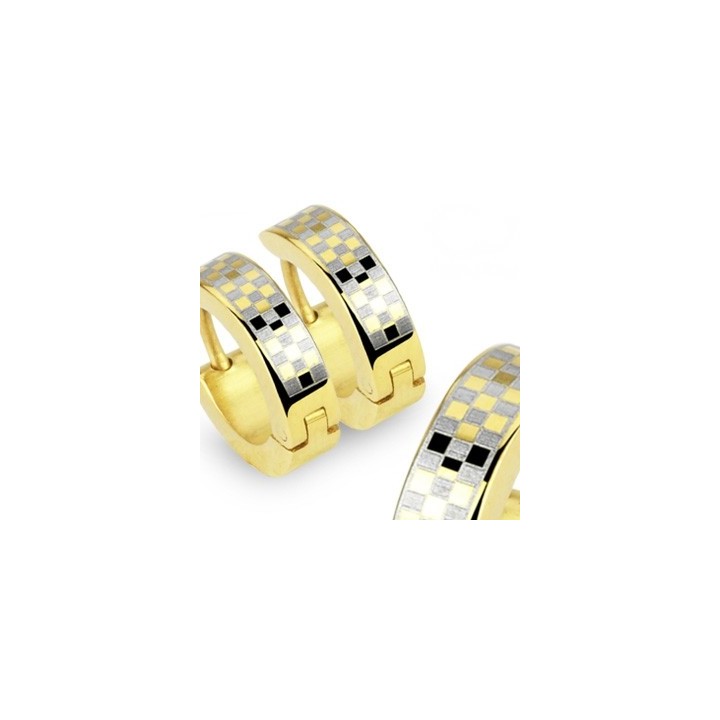 Paire Boucles d'oreille Anneaux Plaqué Or Damier