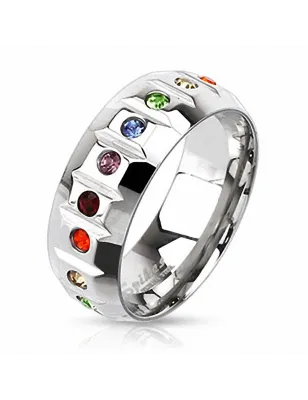 Bague Homme en acier Gay Pride Gemmes Rainbow