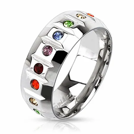 Bague Homme en acier Gay Pride Gemmes Rainbow