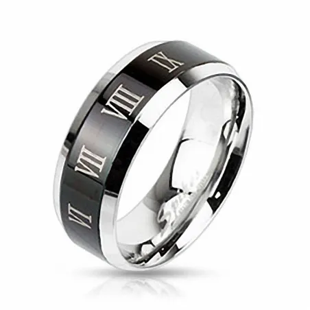 Bague homme femme en acier inoxydable Chiffre Romain Noir