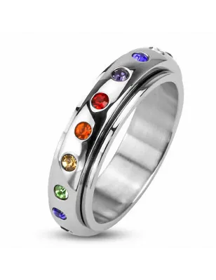 Bague tournante Gay Pride homme femme acier inoxydable Gemmes Rainbow