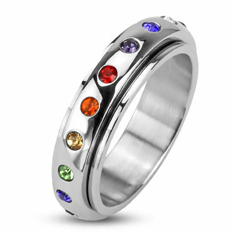 Bague tournante en acier inoxydable Gay Pride Gemmes Rainbow