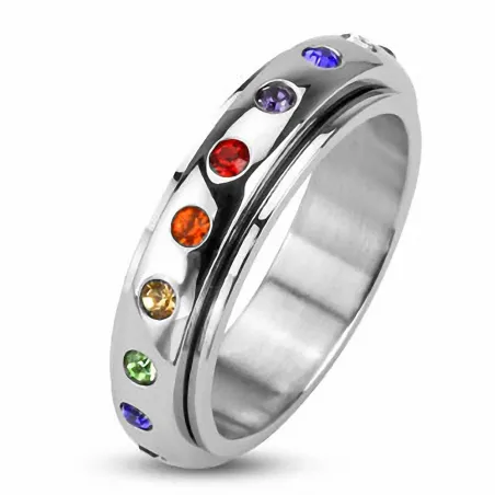 Bague tournante Gay Pride homme femme acier inoxydable Gemmes Rainbow