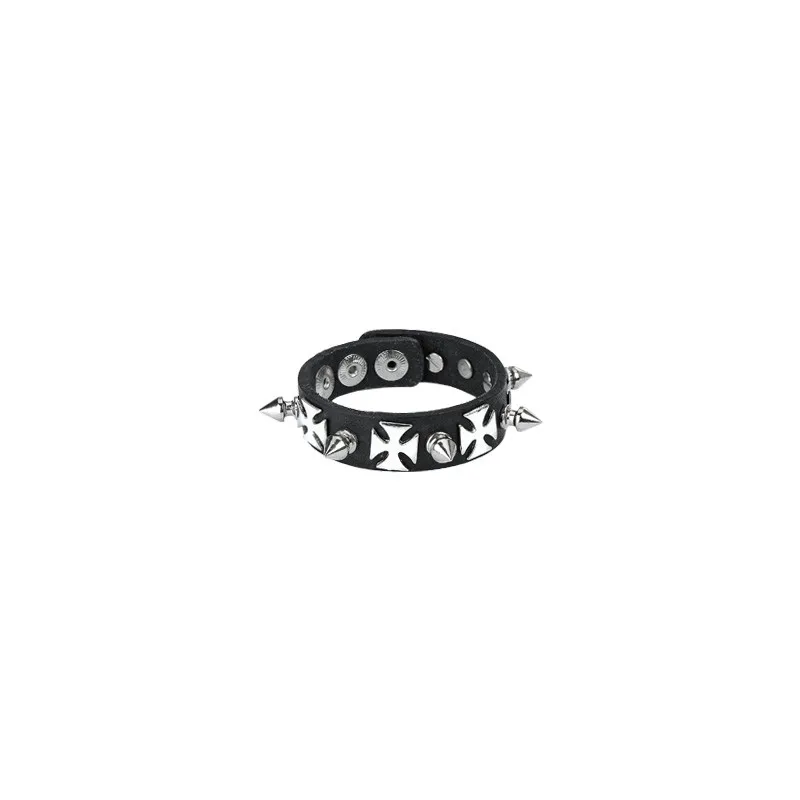 Bracelet en Cuir noir avec Spikes et Croix 