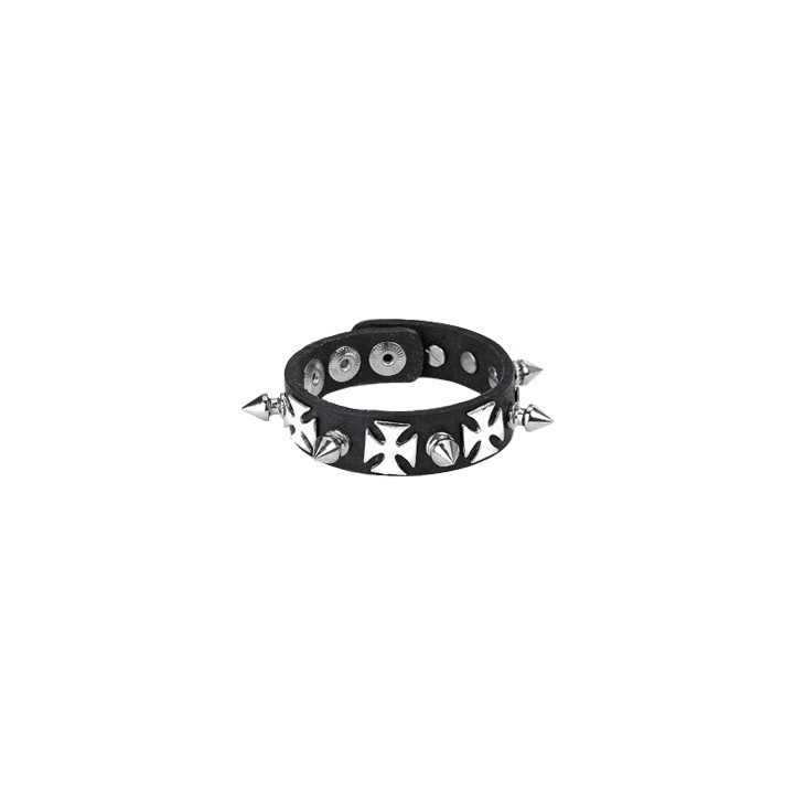 Bracelet en Cuir noir avec Spikes et Croix 