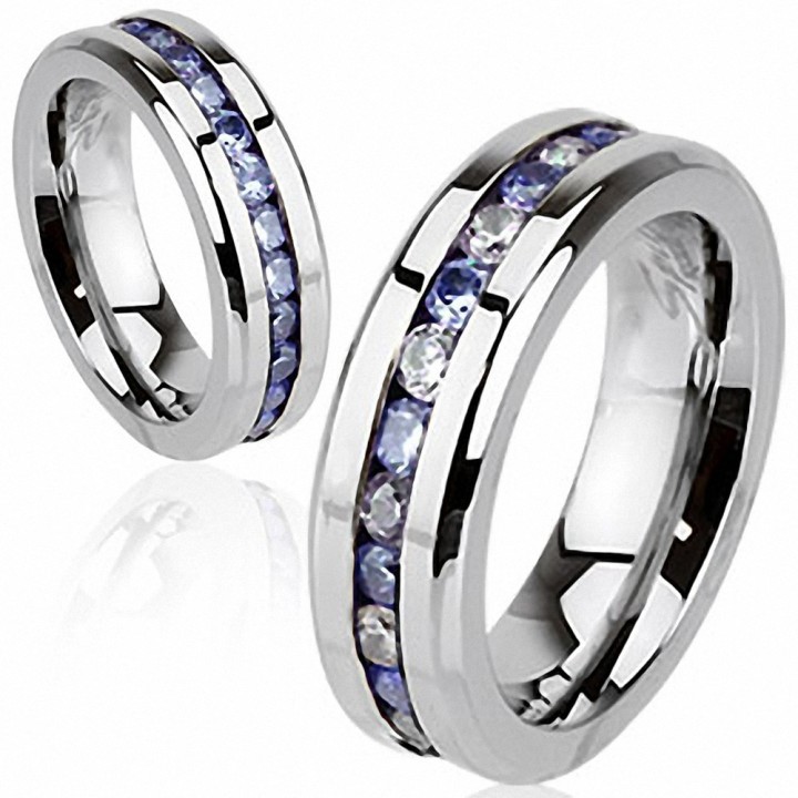 Bague Eternité en Acier Inoxydable Gemmes Clairs et Tanzanites