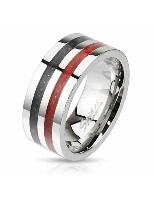 Bague homme acier fibre de carbone noir rouge
