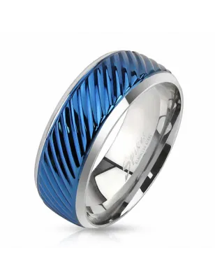 Bague homme acier rainures bleu