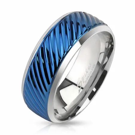 Bague homme acier rainures bleu