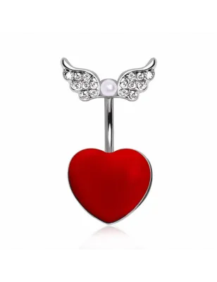 Piercing nombril acier coeur rouge ailes