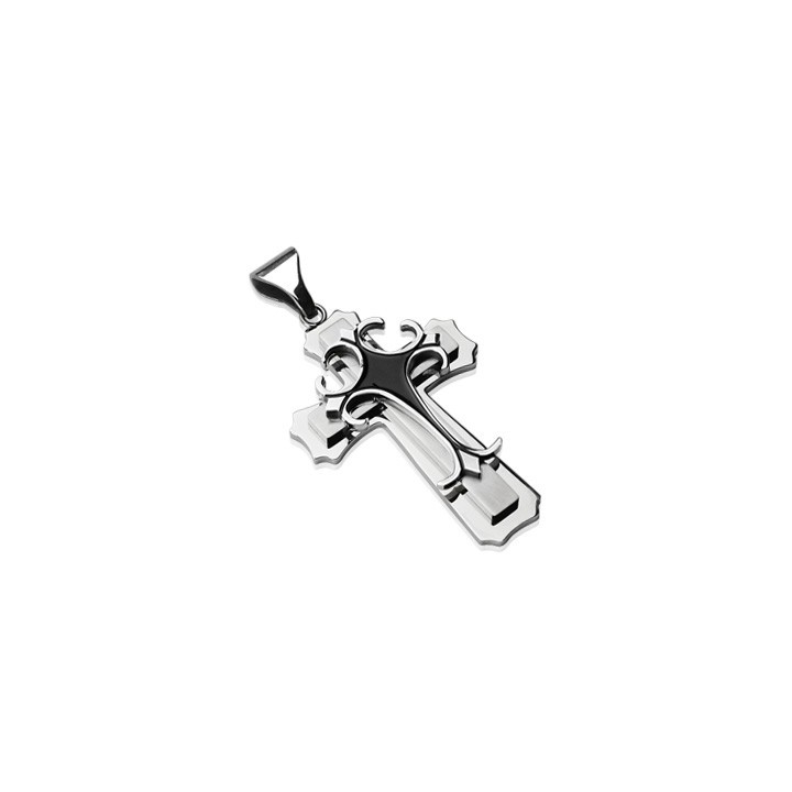 Pendentif double croix gothique acier inoxydable Noir