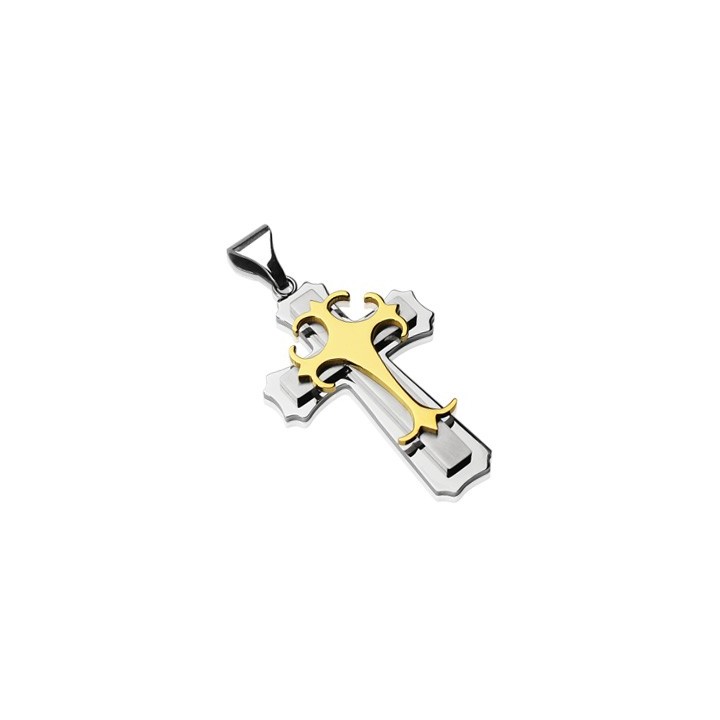 Pendentif double croix gothique acier inoxydable Plaqué Or