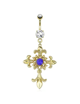Piercing nombril plaqué or croix fleur de lys