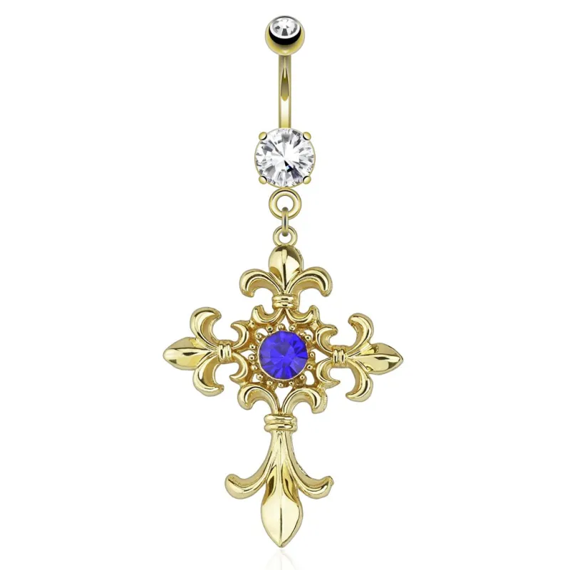 Piercing nombril plaqué or croix fleur de lys