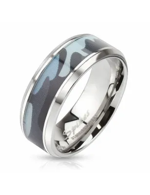 Bague homme acier camouflage bleu