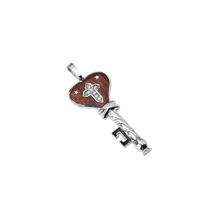 Pendentif Clef Bois foncé Etoiles
