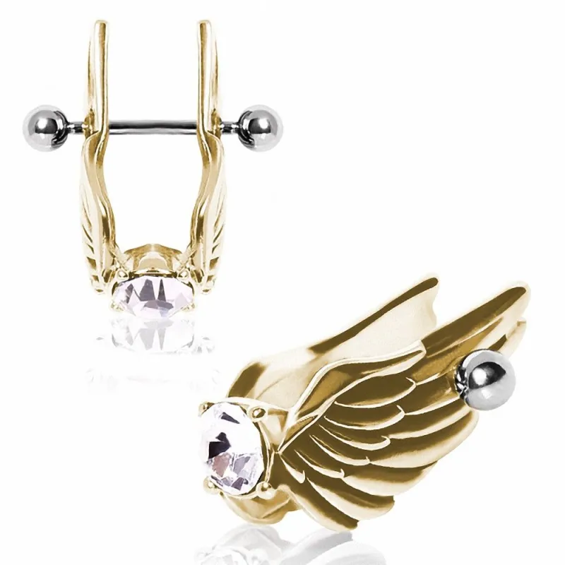 Piercing cartilage plaqué or aile d'ange plumes