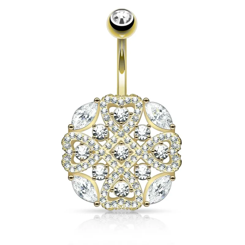 Piercing nombril plaqué or bouclier tribal coeurs