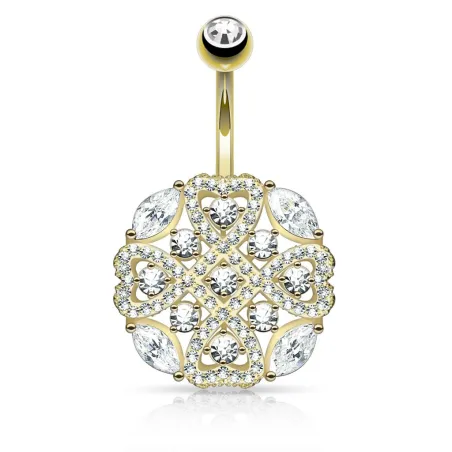 Piercing nombril plaqué or bouclier tribal coeurs