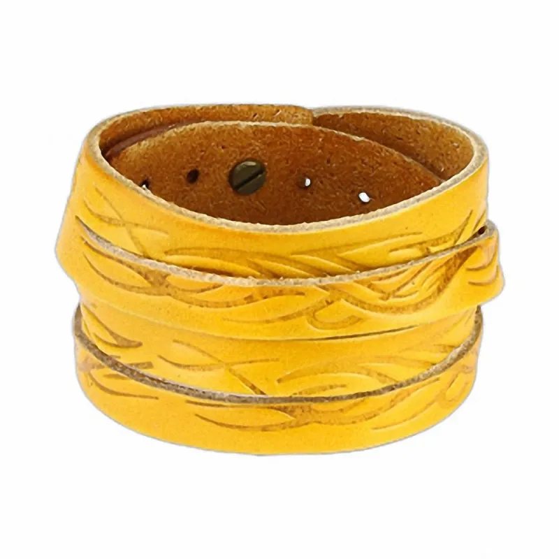 Bracelet cuir jaune tribal vagues