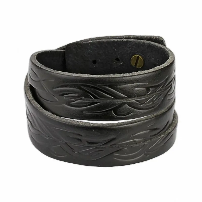 Bracelet cuir noir tribal vagues