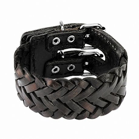 Bracelet en cuir tressé noir double ceinture