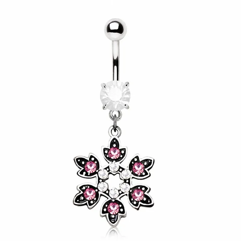Piercing nombril flocon de neige gemmes roses