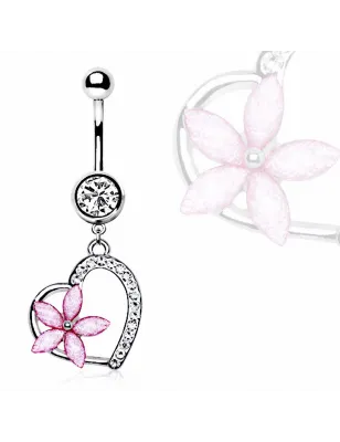 Piercing nombril coeur et fleur rose