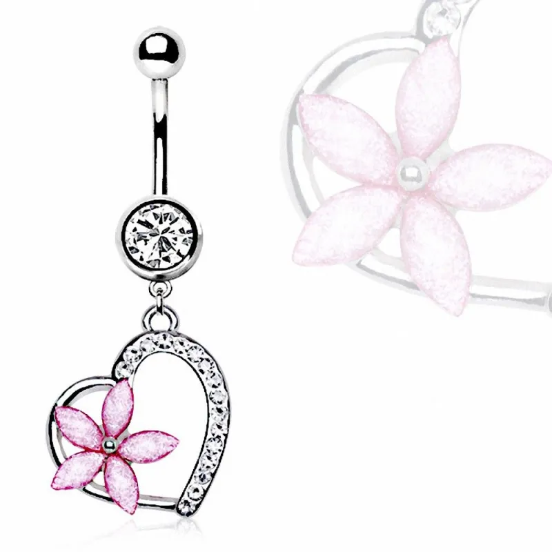 Piercing nombril coeur et fleur rose