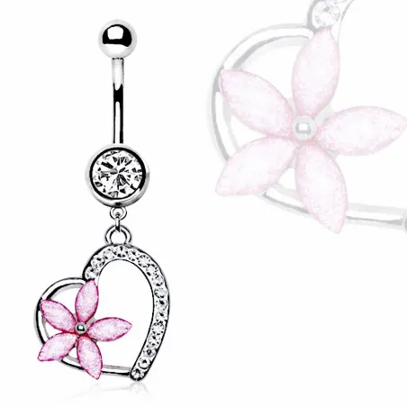 Piercing nombril coeur et fleur rose