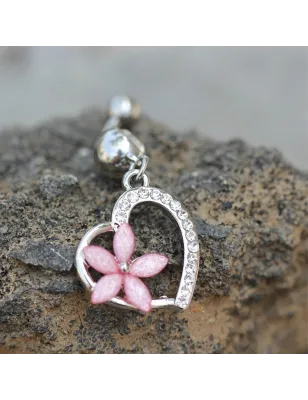 Piercing nombril coeur et fleur rose