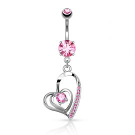 Piercing nombril double coeur strass rose