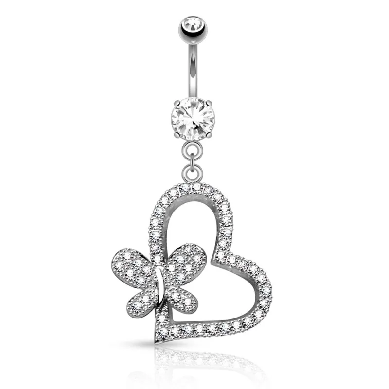 Piercing nombril coeur papillon pavé de strass