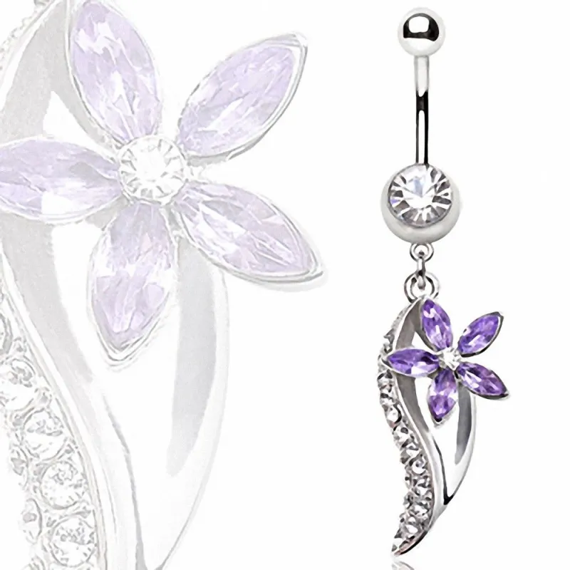 Piercing nombril fleur violette avec feuille