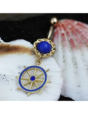 Piercing nombril plaqué or roue de navire bleue