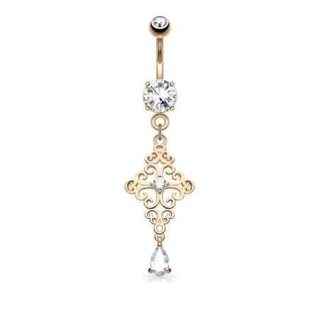 Piercing nombril croix filigrane or rose