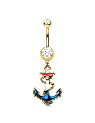 Piercing nombril plaqué or ancre marine tricolore