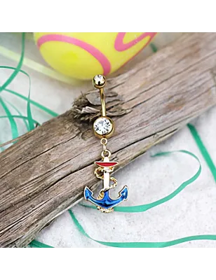 Piercing nombril plaqué or ancre marine tricolore