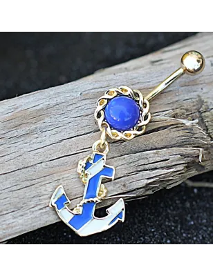 Piercing nombril plaqué or ancre marine bicolore