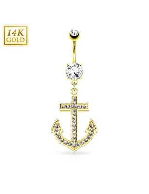 Piercing nombril Or jaune 14 carats Ancre marine