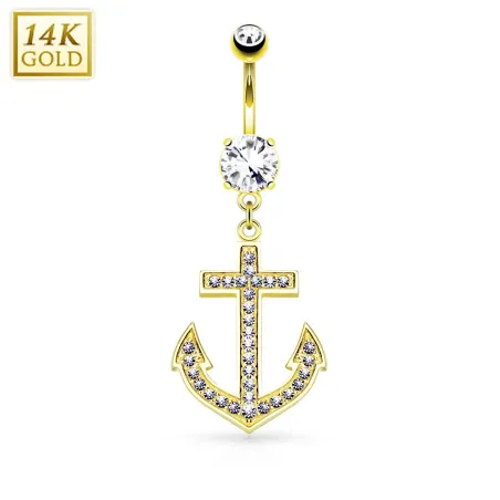 Piercing nombril Or jaune 14 carats Ancre marine