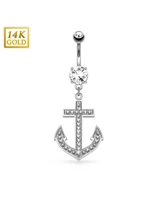 Piercing nombril Or blanc 14 carats Ancre marine