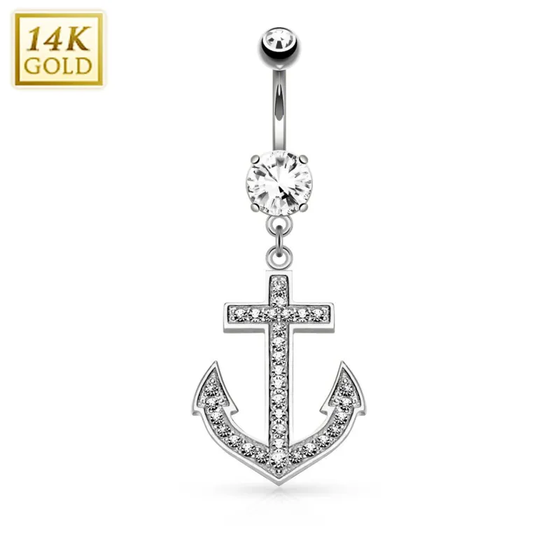 Piercing nombril Or blanc 14 carats Ancre marine