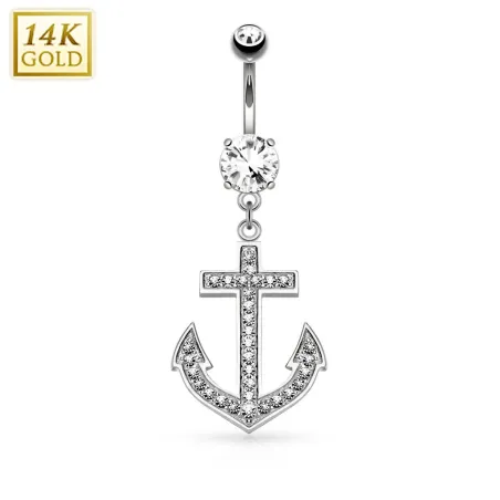 Piercing nombril Or blanc 14 carats Ancre marine