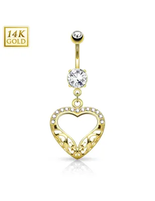 Piercing nombril Or jaune 14 carats coeur filigrane